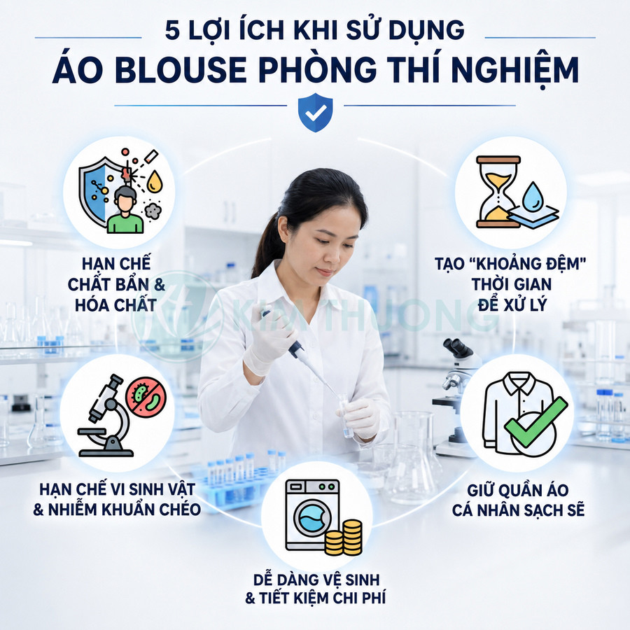 Áo blouse phòng thí nghiệm trắng cho kỹ thuật viên, bảo vệ khỏi hóa chất, vi sinh vật và giúp giữ quần áo sạch
