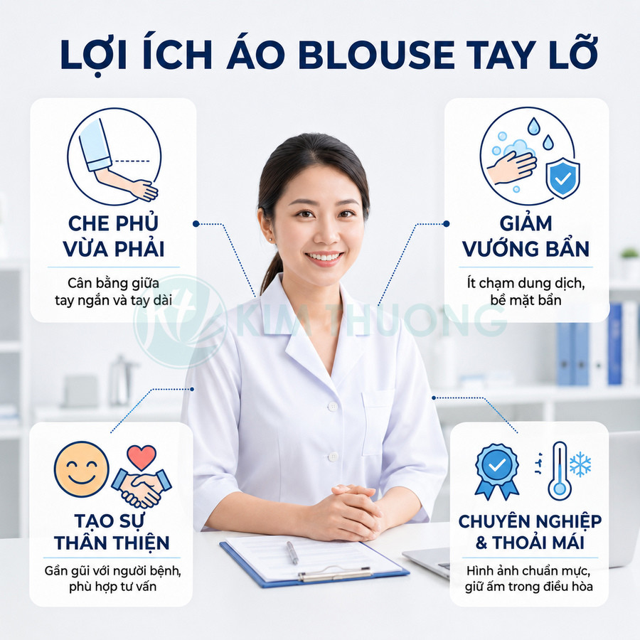 Nữ bác sĩ mặc áo blouse tay lỡ màu trắng ngồi bàn làm việc, minh họa các lợi ích của áo blouse tay lỡ