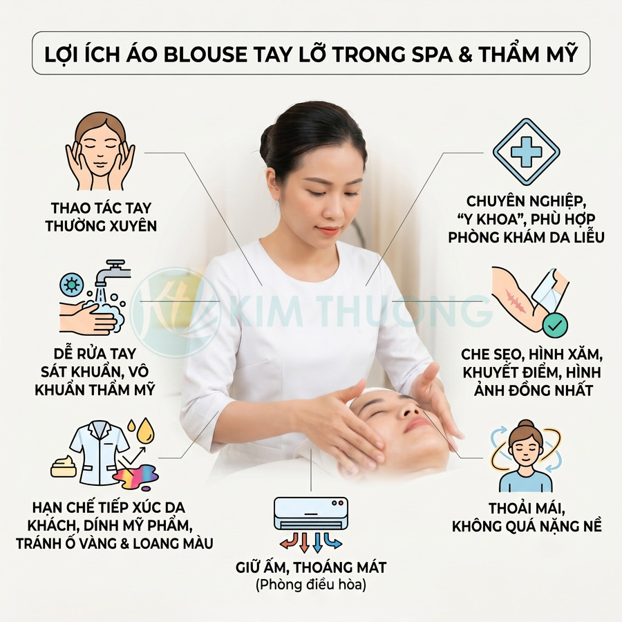 Kỹ thuật viên spa mặc áo blouse tay lỡ màu trắng đang massage da mặt cho khách trong phòng thẩm mỹ