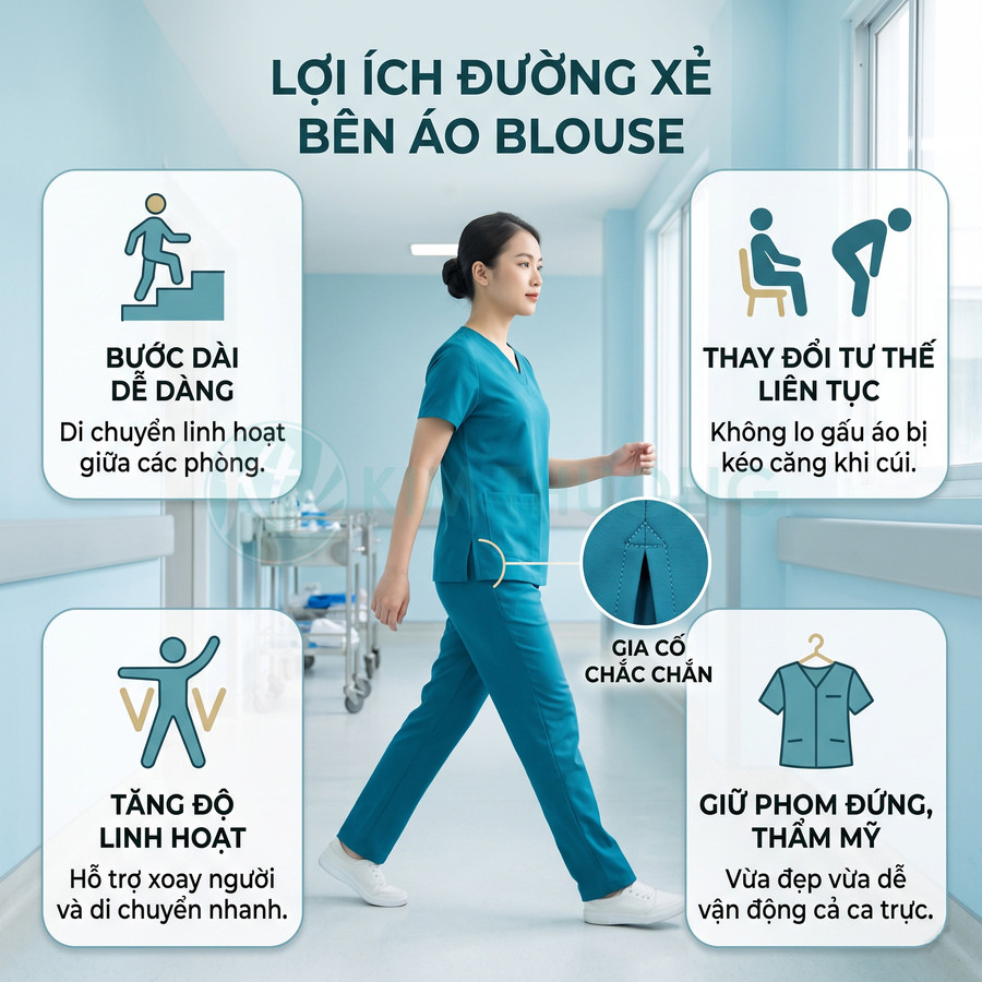 Nữ y tá mặc bộ scrub xanh có đường xẻ bên hông, bước đi trong hành lang bệnh viện, minh họa lợi ích áo blouse linh hoạt