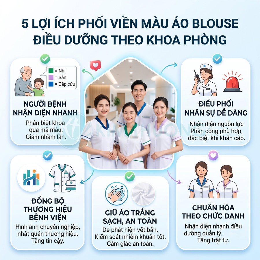 Nhóm điều dưỡng mặc áo blouse viền màu khác nhau theo khoa phòng và lợi ích nhận diện trong bệnh viện
