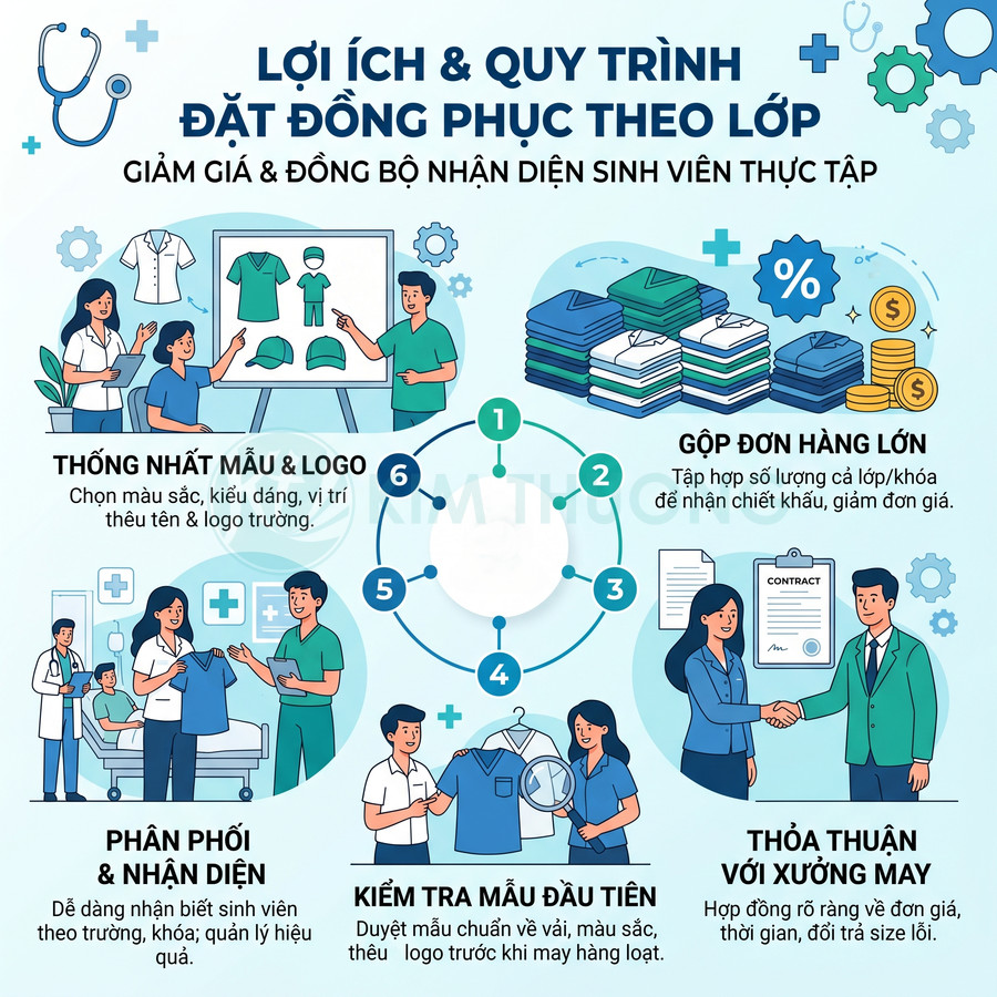 Quy trình đặt may đồng phục lớp cho sinh viên thực tập với các bước thống nhất mẫu, kiểm tra, thỏa thuận và phân phối