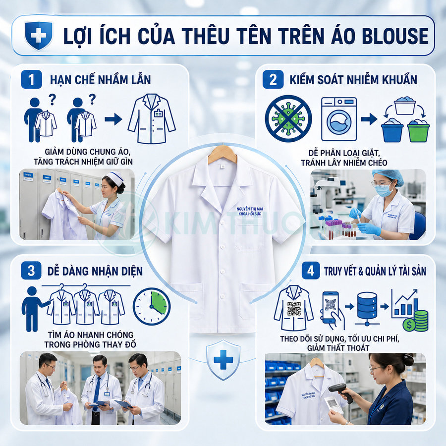 Áo blouse trắng thêu tên nhân viên y tế kèm infographic lợi ích hạn chế nhầm lẫn và kiểm soát nhiễm khuẩn