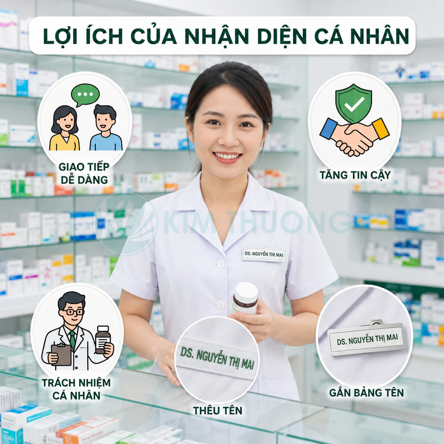 Dược sĩ tại nhà thuốc đeo bảng tên DS Nguyễn Thị Mai, cầm lọ thuốc tư vấn cho khách hàng