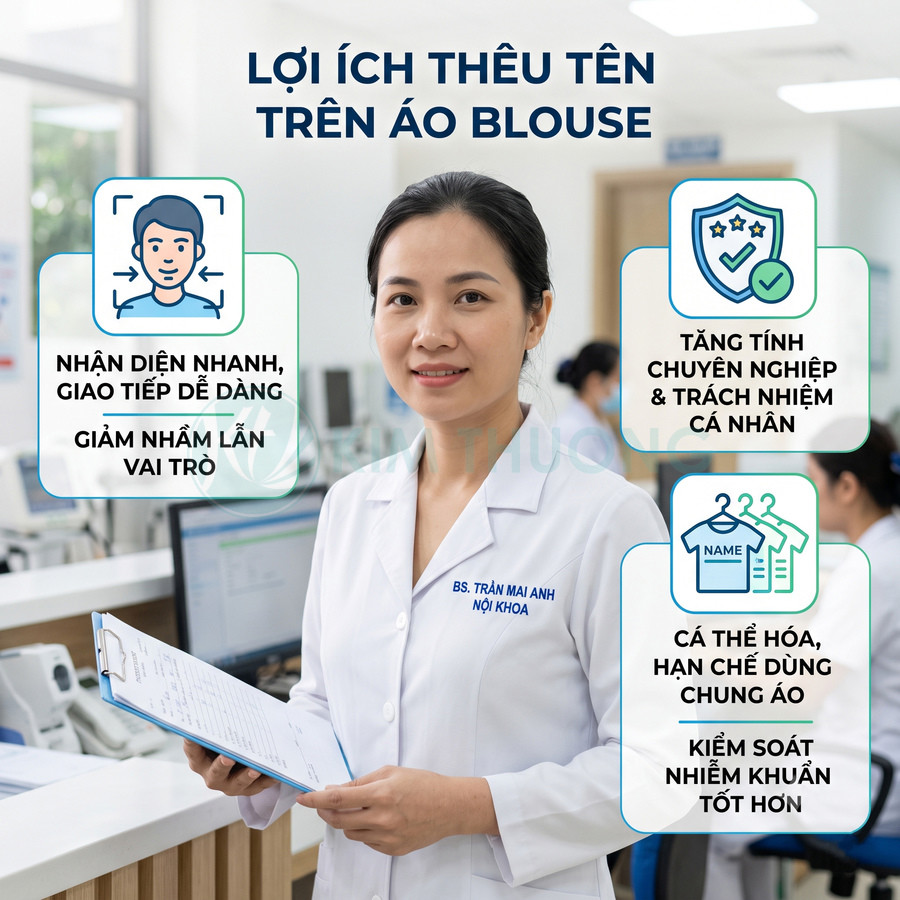 Bác sĩ mặc áo blouse thêu tên nội khoa cầm hồ sơ bệnh án trong bệnh viện, minh họa lợi ích thêu tên trên áo