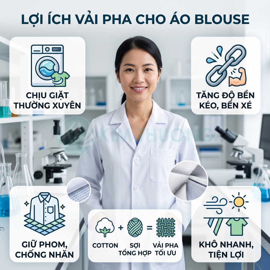 Nữ nhân viên phòng thí nghiệm mặc áo blouse vải pha cotton sợi tổng hợp, giữ phom, chống nhăn, bền và khô nhanh