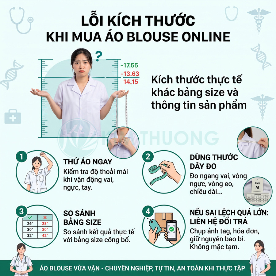 Hướng dẫn chọn đúng size áo blouse y khoa khi mua online với các bước đo và so sánh kích thước