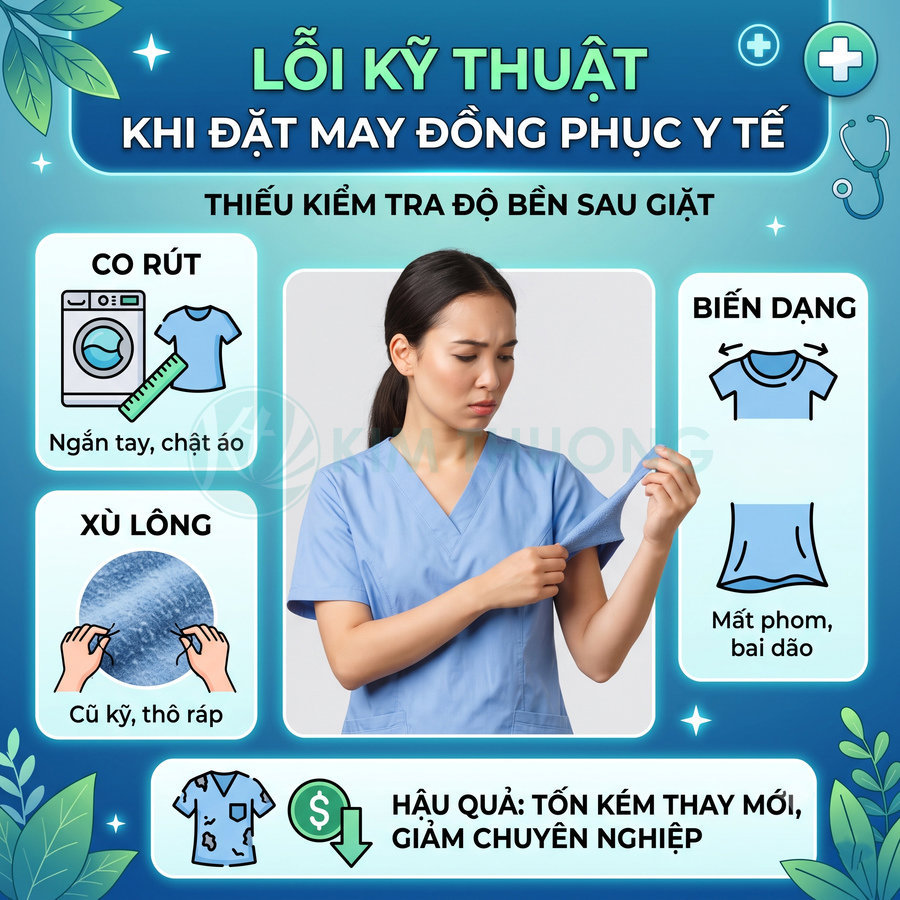 Nhân viên y tế mặc đồng phục màu xanh kiểm tra tay áo, minh họa lỗi co rút biến dạng và xù lông sau khi giặt
