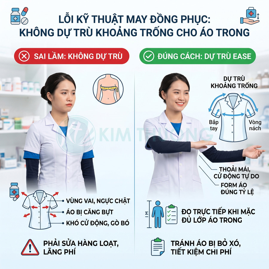 Hướng dẫn may áo blouse y tế nữ đúng kỹ thuật, chừa khoảng trống cho áo trong để mặc thoải mái, form áo chuẩn