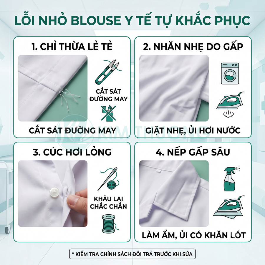 Hướng dẫn tự khắc phục lỗi nhỏ trên áo blouse y tế như chỉ thừa, nhăn vải, cúc lỏng, nếp gấp sâu