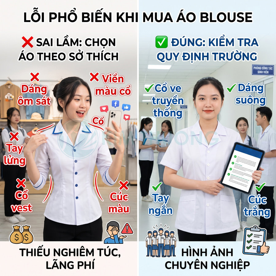 So sánh áo blouse ôm sát thời trang và áo blouse dáng suông tay ngắn đúng quy định cho sinh viên y khoa