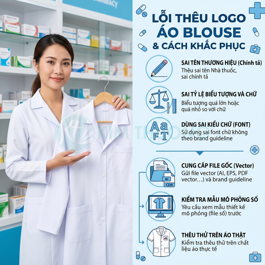 Dược sĩ mặc áo blouse trắng cầm áo blouse trên móc, minh họa hướng dẫn thêu logo áo blouse chuẩn
