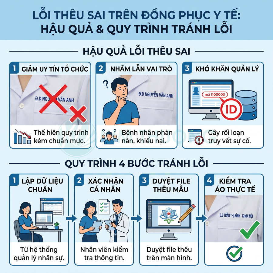 Infographic hướng dẫn quy trình 4 bước tránh lỗi thêu tên trên đồng phục y tế và hậu quả khi thêu sai