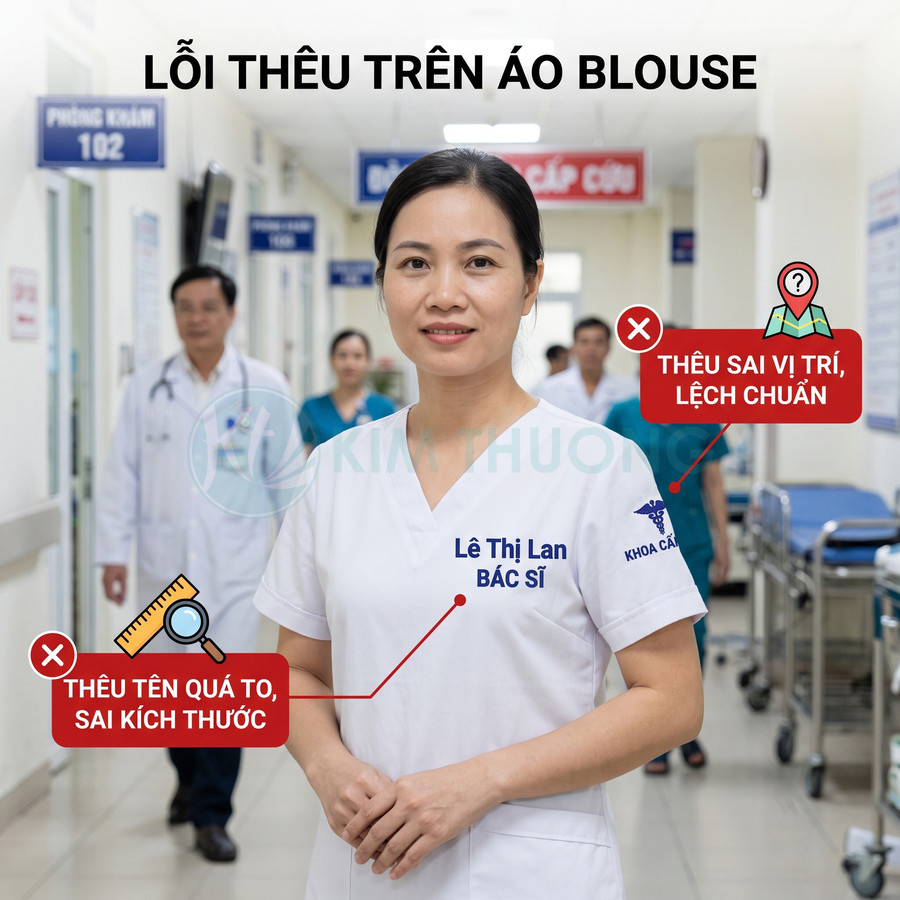 Áo blouse bác sĩ thêu tên và logo sai vị trí, kích thước trong hành lang bệnh viện