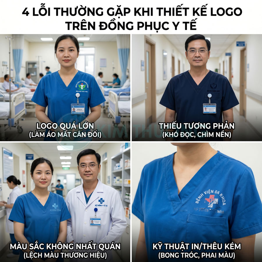 Các lỗi thiết kế logo trên đồng phục y tế như logo quá lớn, thiếu tương phản, lệch màu và in thêu kém