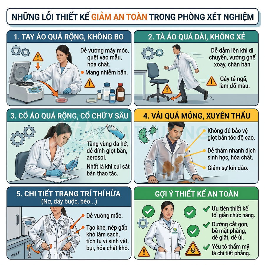 Minh họa lỗi thiết kế áo blouse phòng xét nghiệm và gợi ý áo bảo hộ an toàn cho nhân viên y tế