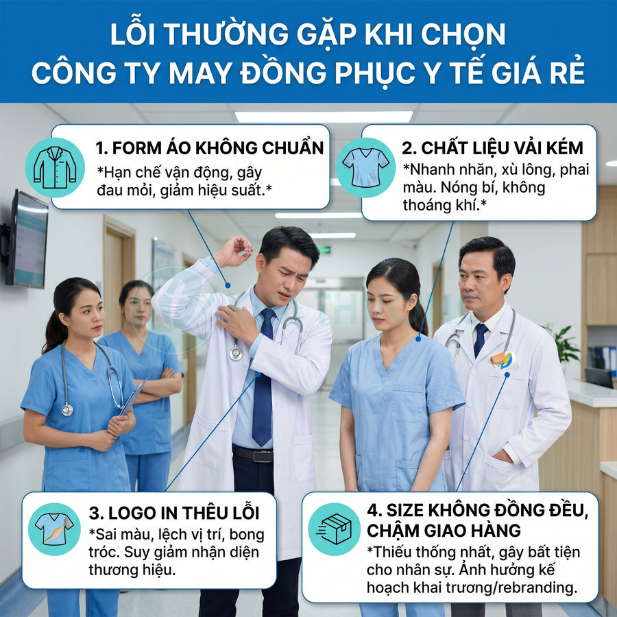 Nhóm bác sĩ y tá mặc đồng phục y tế kém chất lượng với form áo xấu, logo thêu lỗi và size không đồng đều