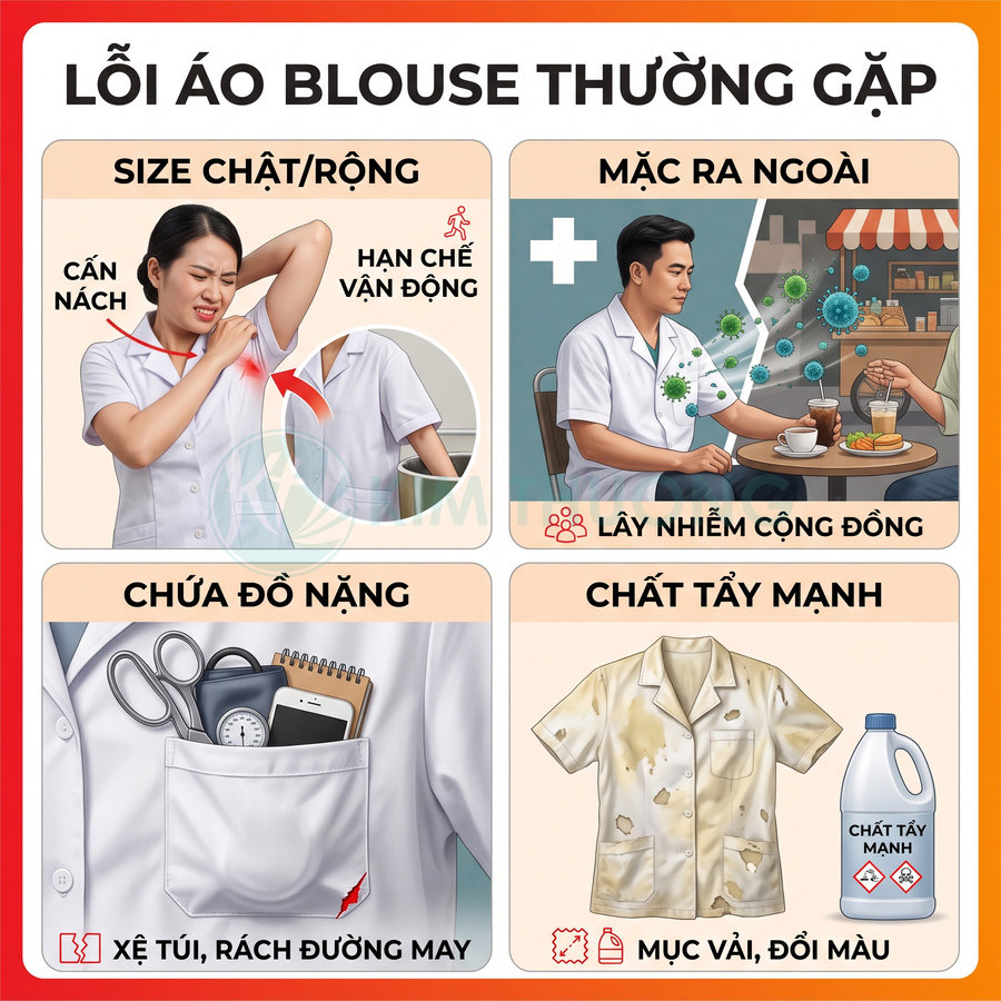 Các lỗi thường gặp khi sử dụng áo blouse trắng như chật rộng, chứa đồ nặng, mặc ra ngoài và giặt với chất tẩy mạnh