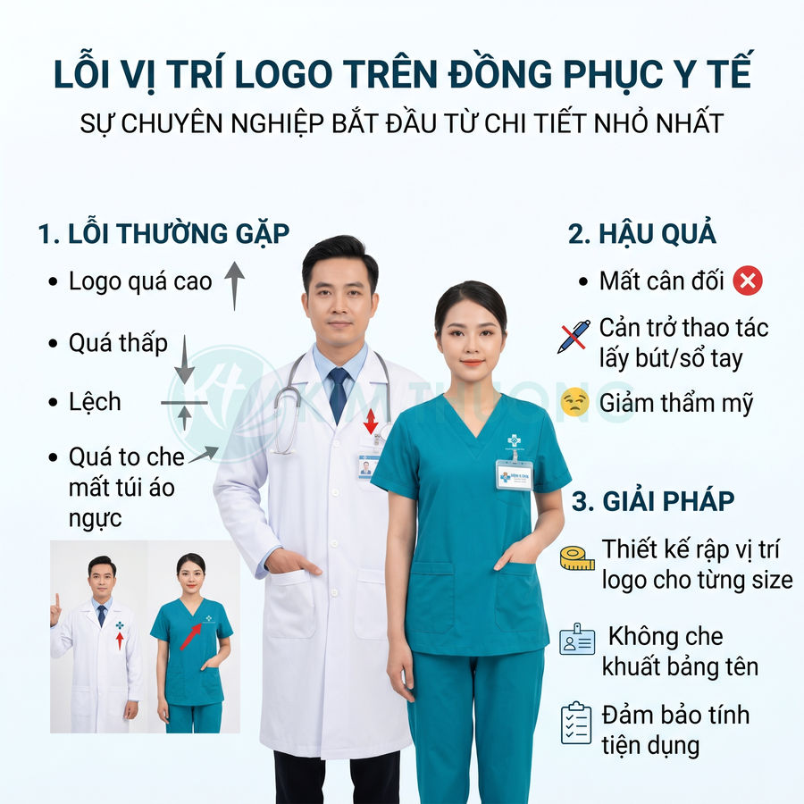 Hướng dẫn vị trí logo chuẩn trên đồng phục y tế với bác sĩ và y tá mặc áo blouse, scrub xanh