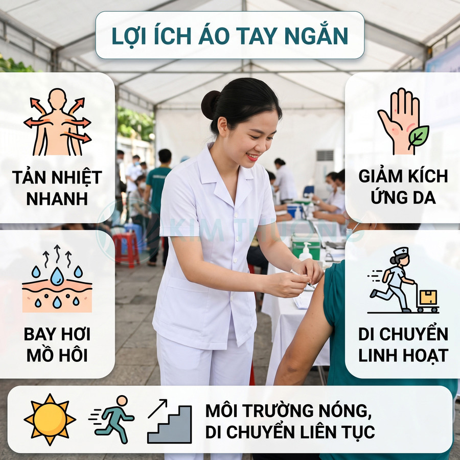 Nhân viên y tế mặc áo blouse tay ngắn tiêm vắc xin, minh họa lợi ích áo tay ngắn khi làm việc môi trường nóng