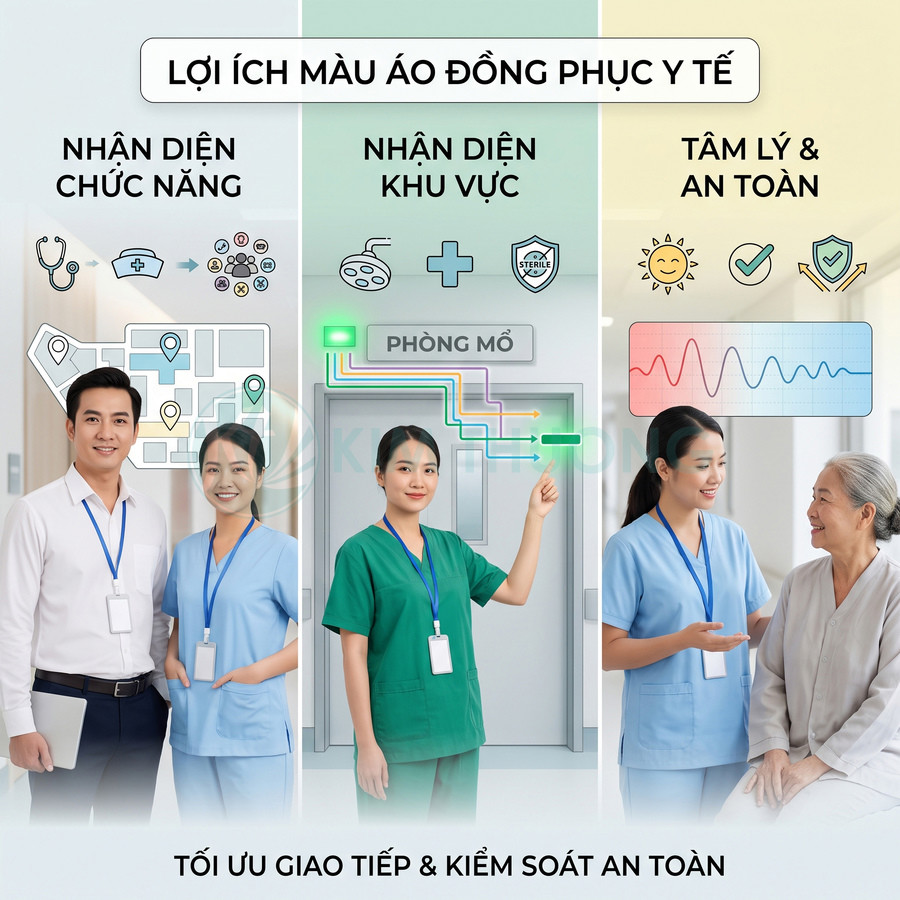Nhân viên y tế mặc đồng phục xanh và trắng tư vấn bệnh nhân, minh họa lợi ích màu áo đồng phục y tế