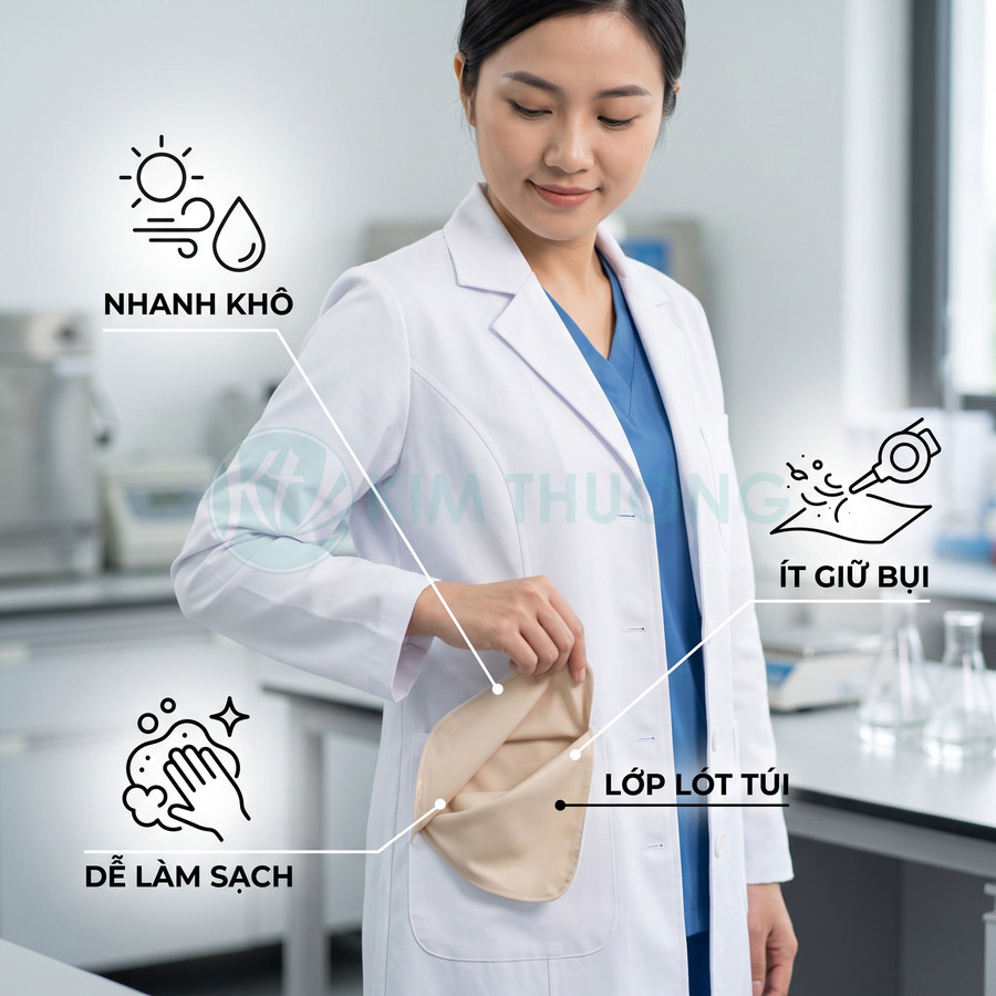 Bác sĩ cầm lớp lót túi áo blouse nhanh khô dễ làm sạch ít bám bụi trong phòng thí nghiệm