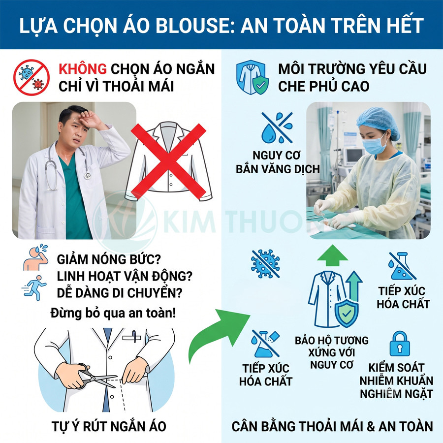 Hướng dẫn chọn áo blouse y tế dài tay che phủ tốt, bảo vệ bác sĩ khỏi hóa chất và dịch bắn trong môi trường bệnh viện