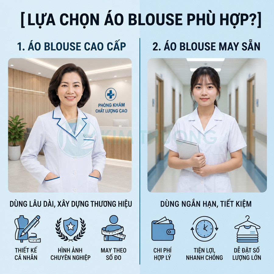 So sánh áo blouse cao cấp thiết kế theo số đo và áo blouse may sẵn cho nhân viên y tế