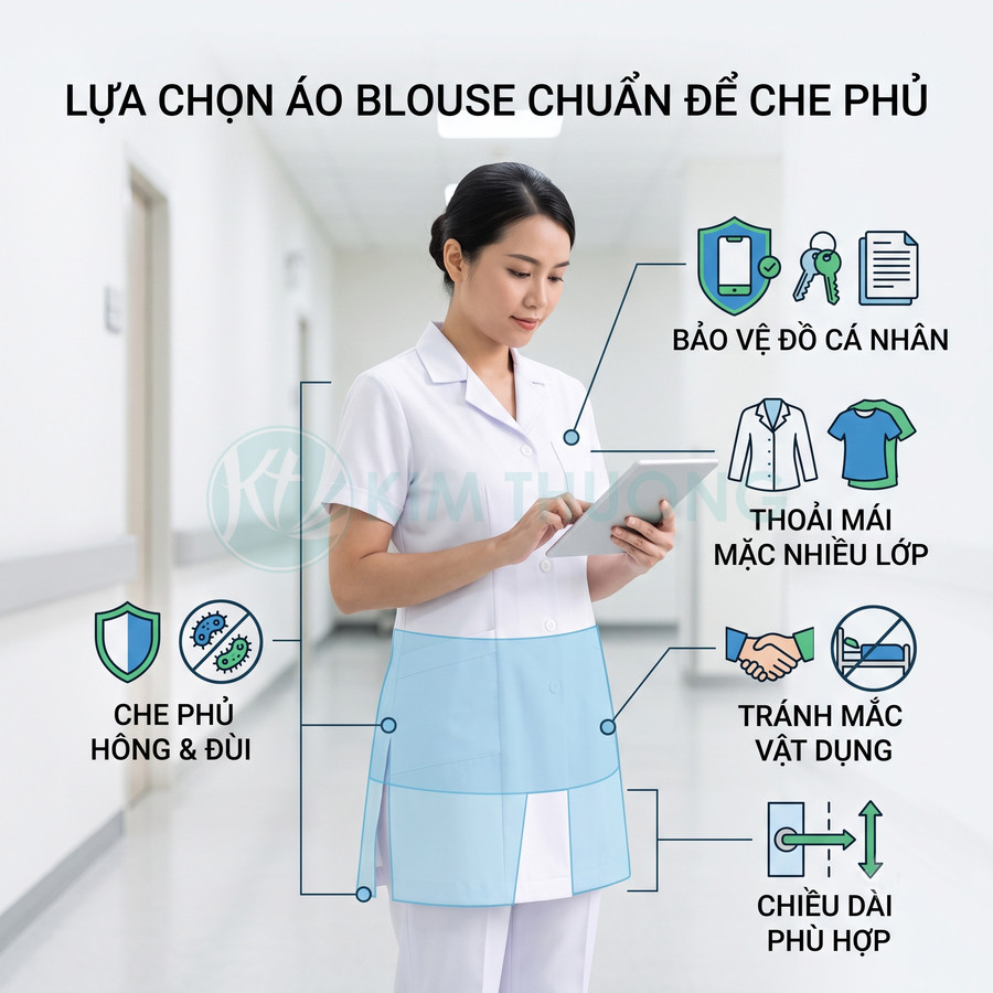 Nữ nhân viên y tế mặc áo blouse trắng dài che phủ hông và đùi, sử dụng máy tính bảng trong hành lang bệnh viện