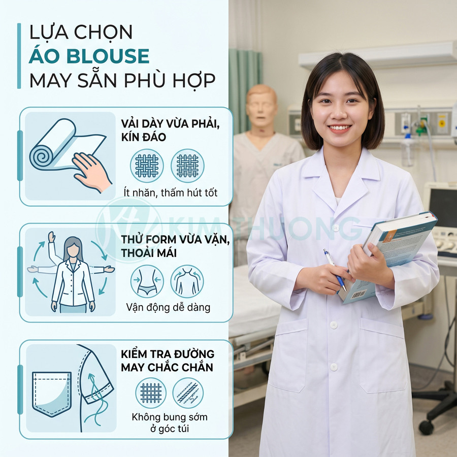 Nữ bác sĩ trẻ mặc áo blouse trắng may sẵn, cầm sách y khoa đứng trong phòng khám hiện đại