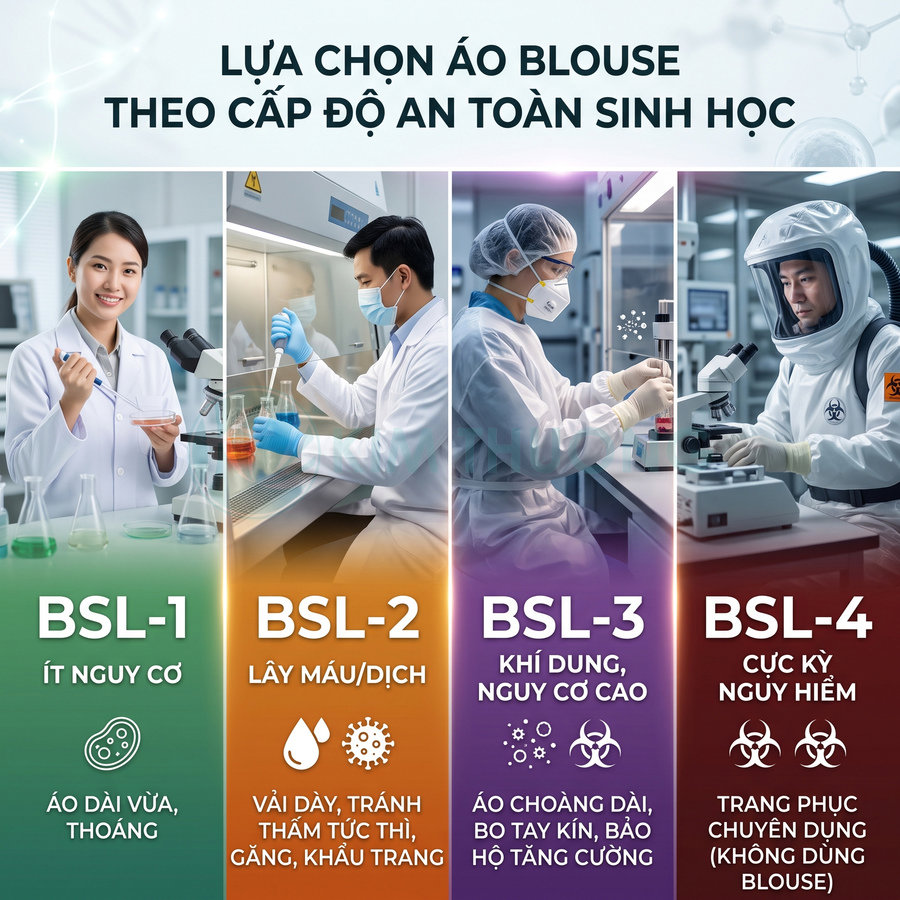 Các cấp độ áo blouse và trang phục bảo hộ phòng thí nghiệm BSL 1 đến BSL 4 trong môi trường sinh học