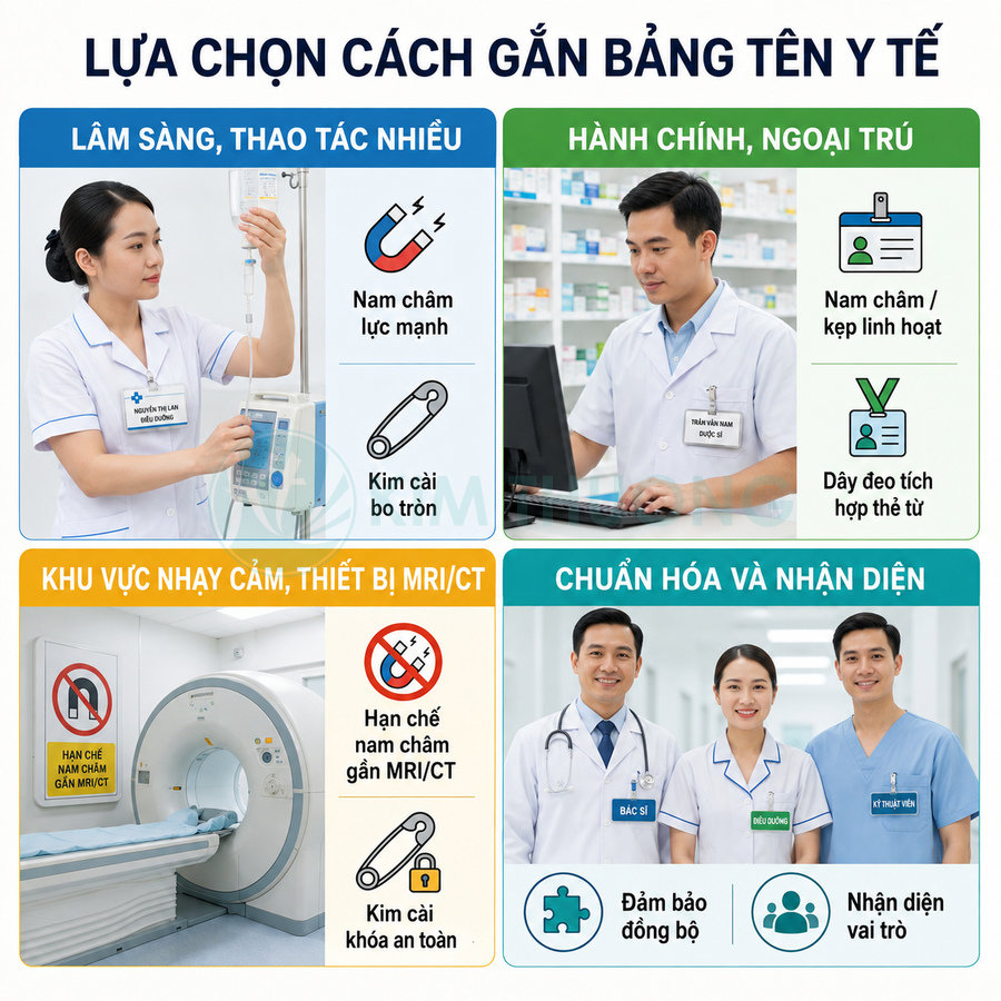 Bảng hướng dẫn lựa chọn cách gắn bảng tên y tế cho bác sĩ, điều dưỡng và nhân viên bệnh viện