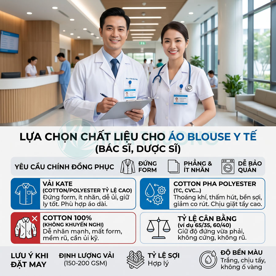 Hai bác sĩ mặc áo blouse y tế trắng đứng trong bệnh viện, giới thiệu chất liệu vải may đồng phục bác sĩ dược sĩ