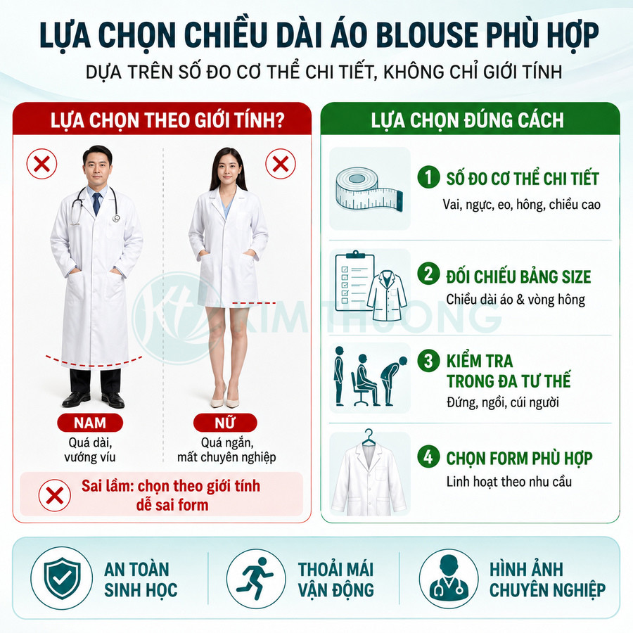 Hướng dẫn chọn chiều dài áo blouse y khoa đúng size theo số đo cơ thể chi tiết