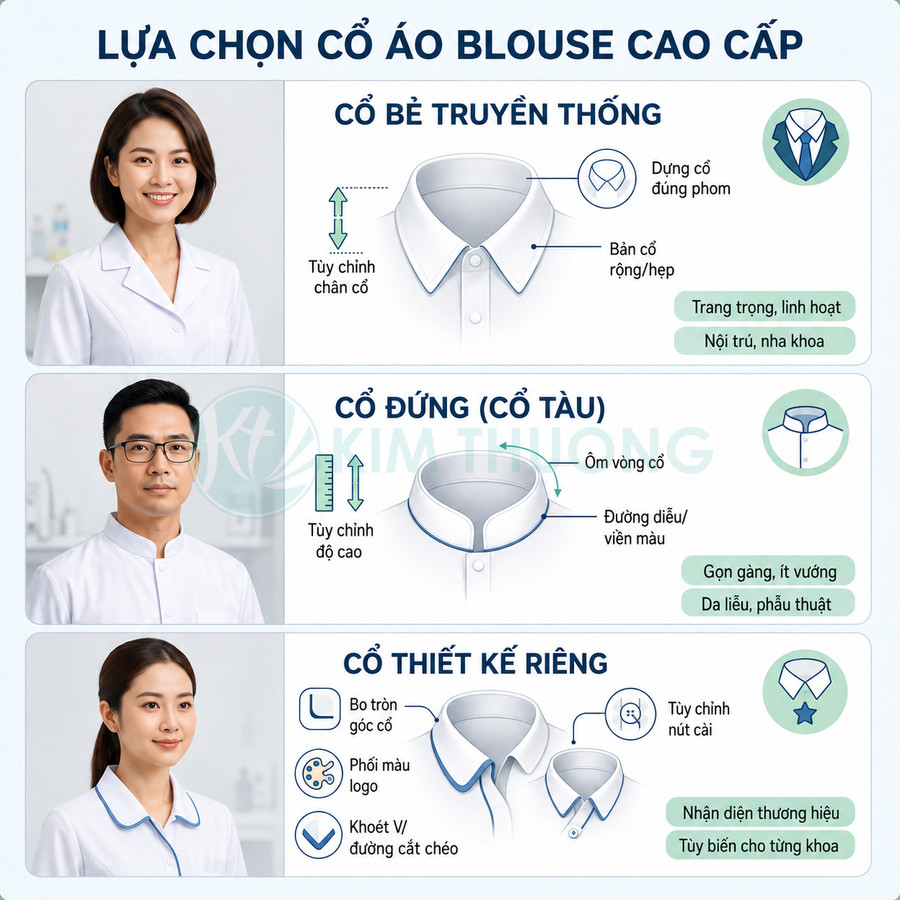 Các kiểu cổ áo blouse cao cấp cho bác sĩ, điều dưỡng gồm cổ bẻ, cổ đứng và cổ thiết kế riêng