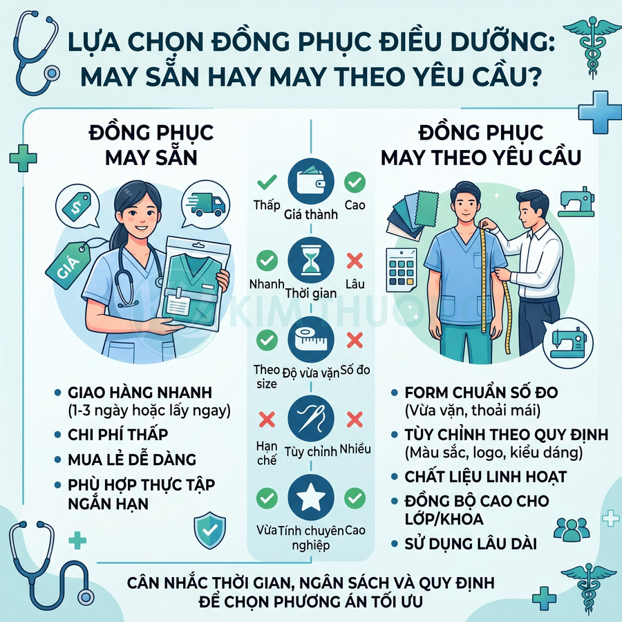 So sánh ưu nhược điểm đồng phục điều dưỡng may sẵn và may theo yêu cầu, minh họa bằng nhân viên y tế