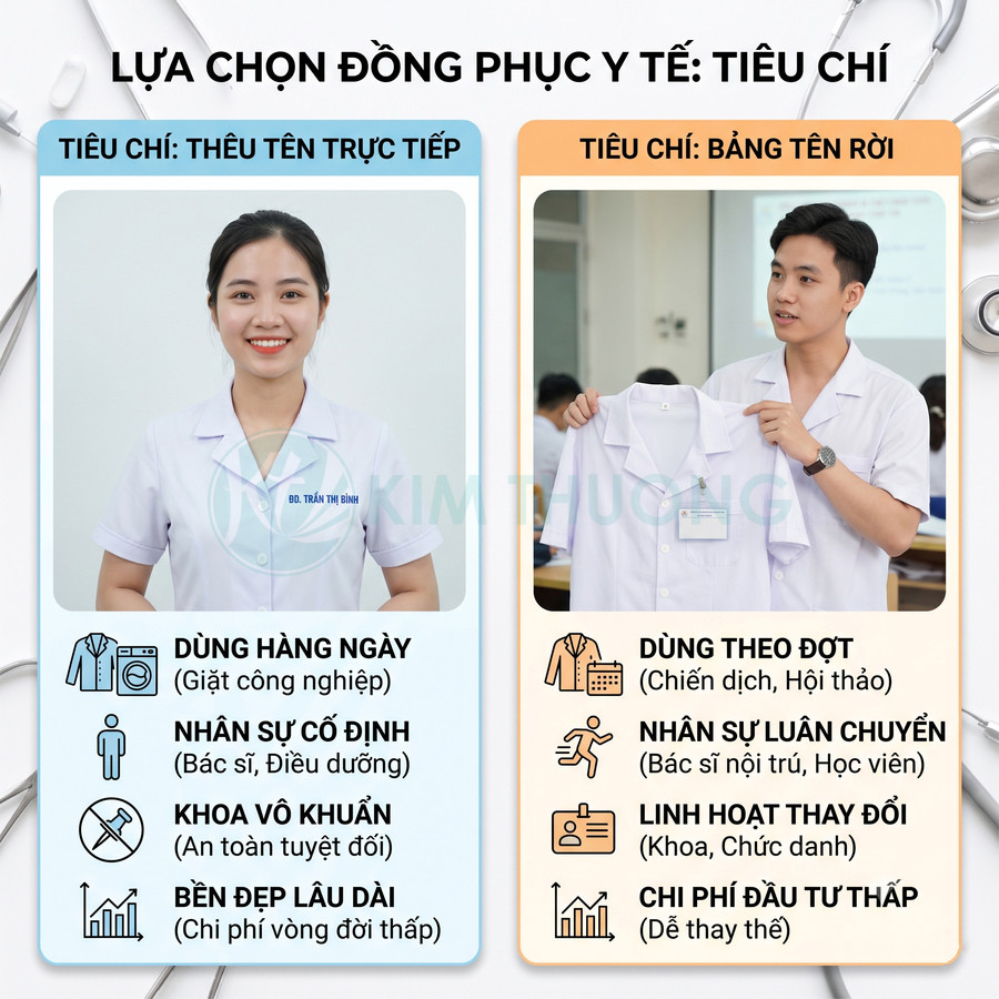 Đồng phục y tế trắng thêu tên trực tiếp và gắn bảng tên rời cho bác sĩ điều dưỡng nam nữ