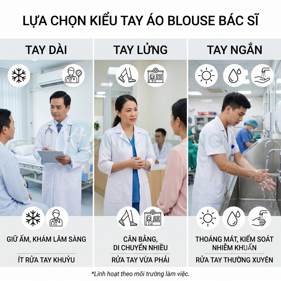 Các kiểu tay áo blouse bác sĩ tay dài tay lửng tay ngắn phù hợp từng môi trường làm việc