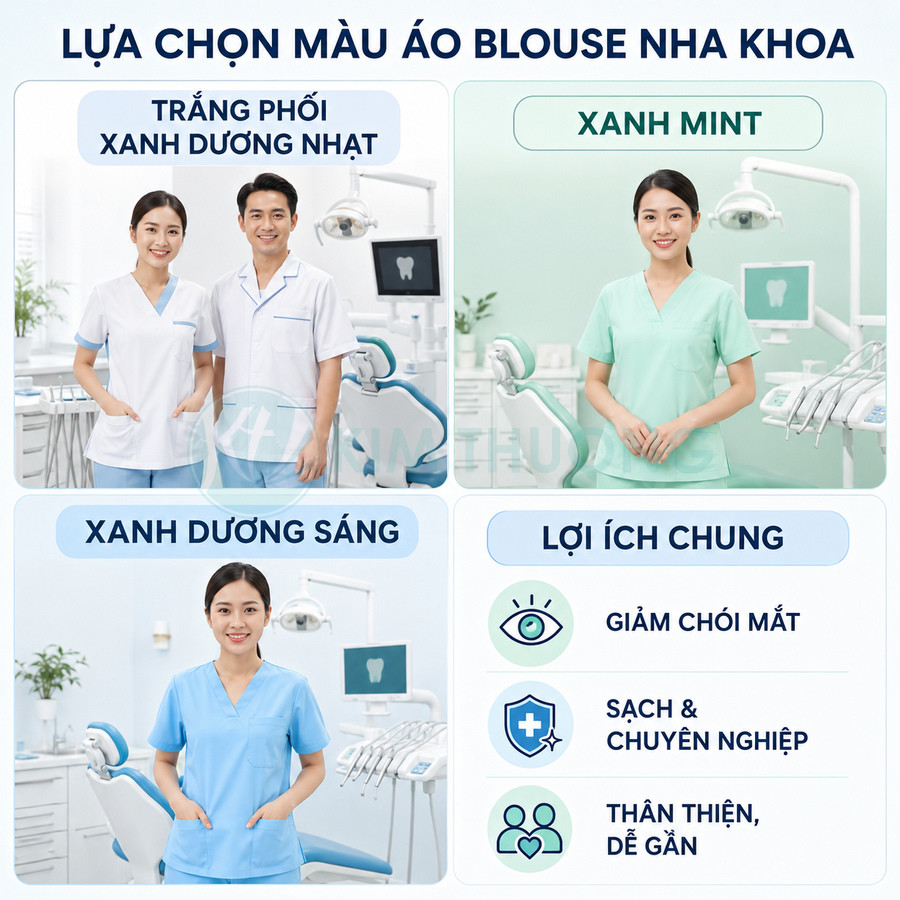 Các mẫu áo blouse nha khoa màu trắng phối xanh, xanh mint, xanh dương sáng cùng lợi ích về sự sạch sẽ và thân thiện