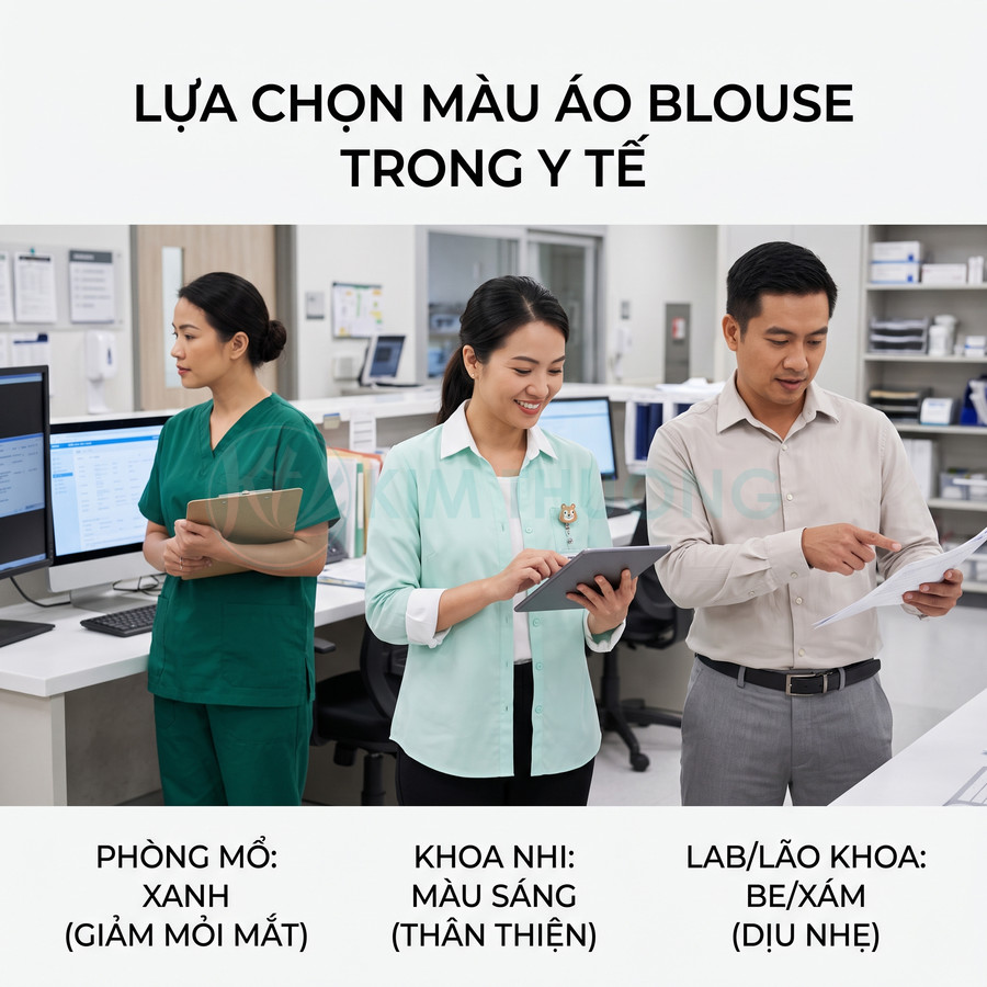 Nhân viên y tế mặc áo blouse xanh, mint và be xám minh họa lựa chọn màu đồng phục cho từng khoa