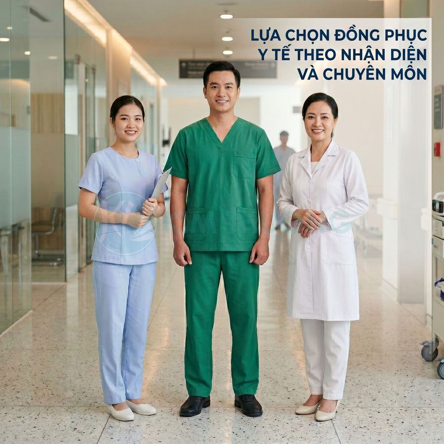 Đồng phục y tế bệnh viện với bác sĩ áo blouse trắng và điều dưỡng mặc scrub xanh và tím đứng tại hành lang