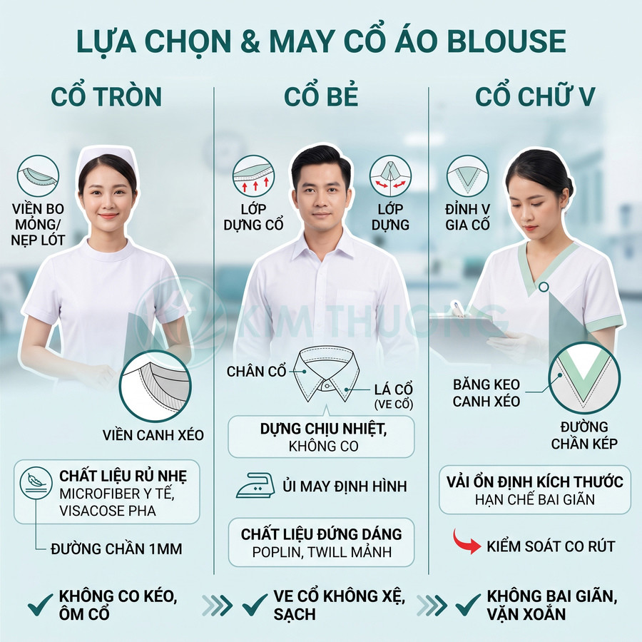 Các kiểu cổ áo blouse y tế cổ tròn cổ bẻ cổ chữ V cho bác sĩ y tá màu trắng xanh