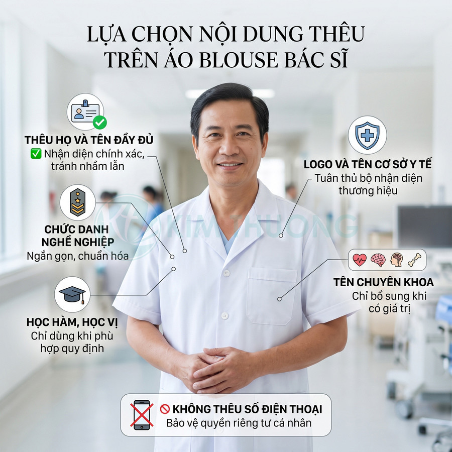 Bác sĩ mặc áo blouse trắng đứng trong bệnh viện, minh họa các vị trí thêu tên, chức danh và logo trên áo