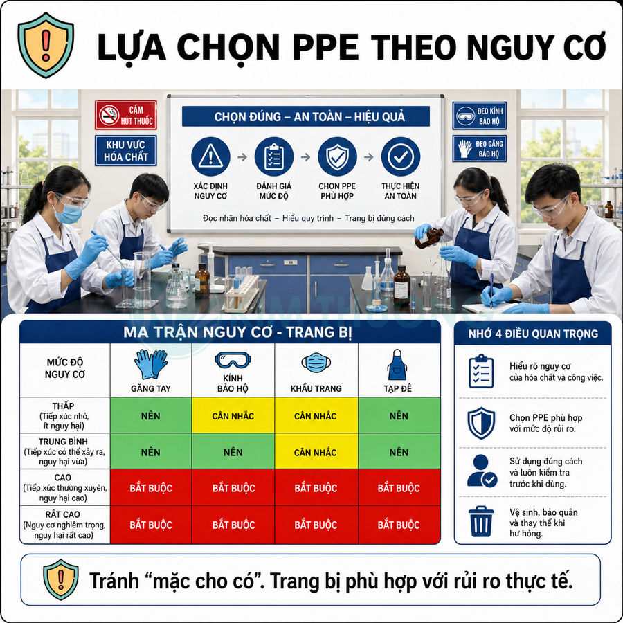 Nhân viên phòng thí nghiệm đeo găng tay, kính bảo hộ, khẩu trang làm việc với hóa chất và bảng hướng dẫn PPE