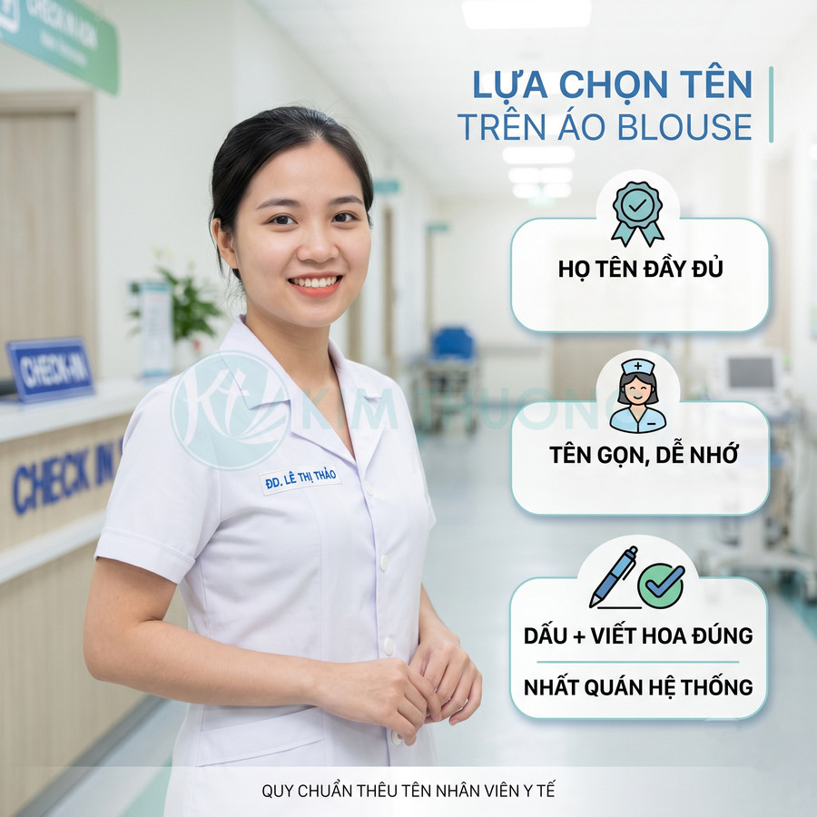 Nữ điều dưỡng mặc áo blouse trắng thêu bảng tên màu xanh đứng tại quầy tiếp nhận bệnh viện