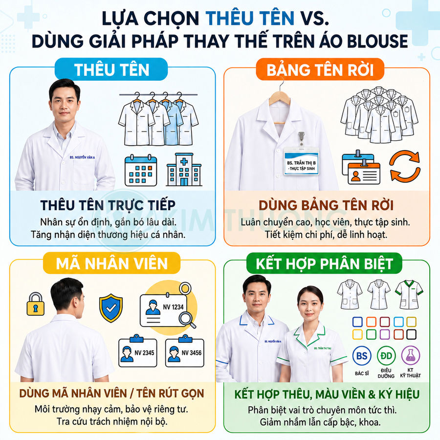 So sánh các giải pháp thêu tên, bảng tên rời, mã nhân viên và phân biệt màu viền trên áo blouse y tế