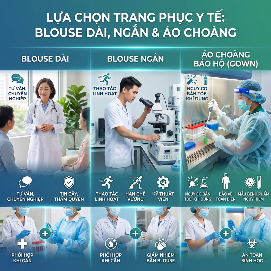 Bác sĩ và kỹ thuật viên mặc blouse dài, blouse ngắn và áo choàng bảo hộ khi khám bệnh và làm xét nghiệm