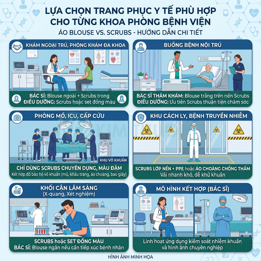 Hướng dẫn lựa chọn áo blouse và scrubs phù hợp cho bác sĩ điều dưỡng theo từng khoa phòng bệnh viện