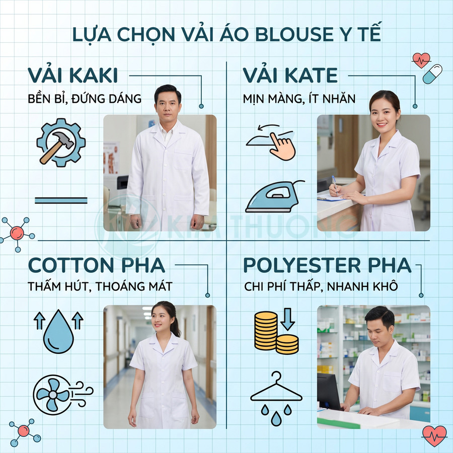 Các loại vải may áo blouse y tế gồm kaki, kate, cotton pha và polyester pha cùng ưu điểm nổi bật
