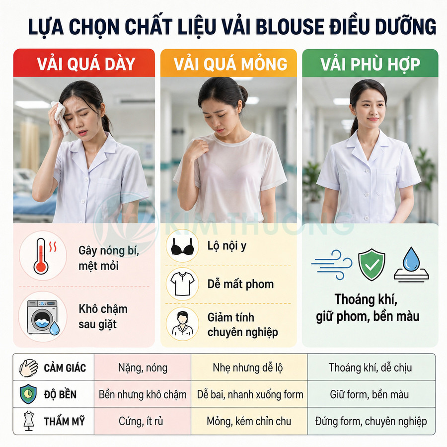 So sánh chất liệu vải áo blouse điều dưỡng quá dày, quá mỏng và vải phù hợp thoáng khí, giữ phom, bền màu
